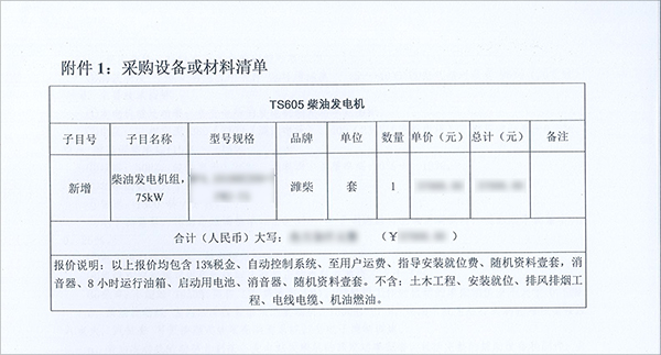 75kw濰柴柴油發(fā)電機(jī)組采購清單